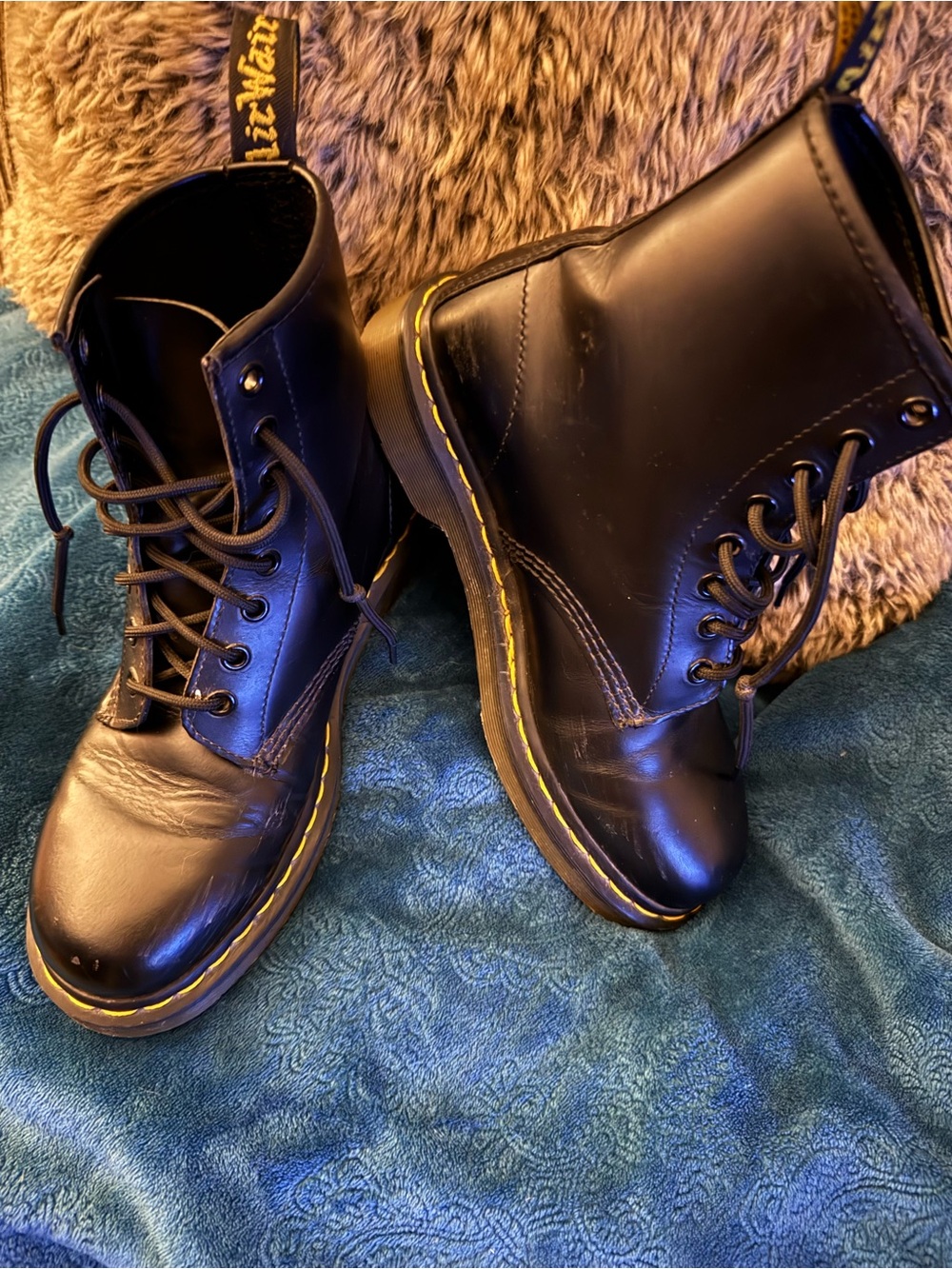 Dr. Martens Black Leather 8-Eye Lace-Up Boots with Yellow Stitching